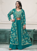 Firozi chiffon sharara suit with gold floral embroidery and V-neckline for festive occasions