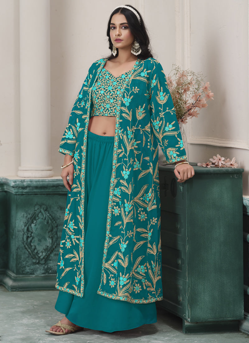Firozi Chiffon Embroidered Sharara Suit with Metallic Gold Accents