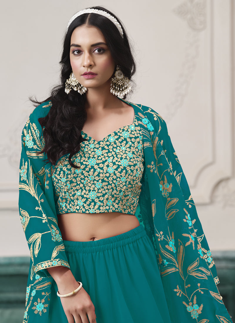 Firozi Chiffon Embroidered Sharara Suit with Metallic Gold Accents
