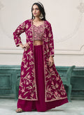 Wine colored faux georgette sharara suit with detailed embroidery and gota patti work