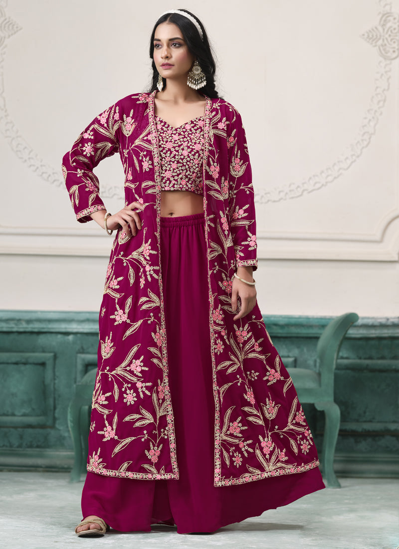 Wine colored faux georgette sharara suit with detailed embroidery and gota patti work