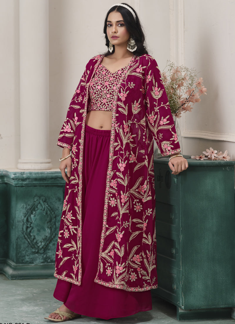 Wine Faux Georgette Embroidered Western Sharara Suit for Weddings