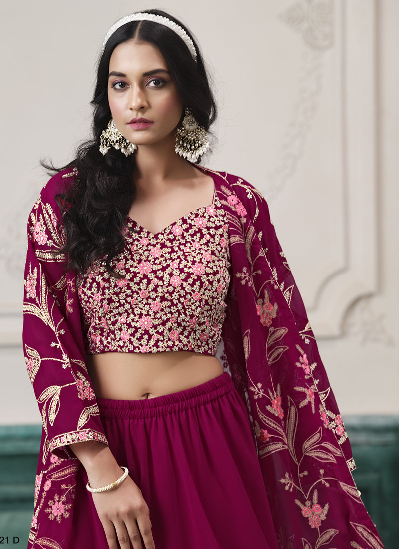 Wine Faux Georgette Embroidered Western Sharara Suit for Weddings