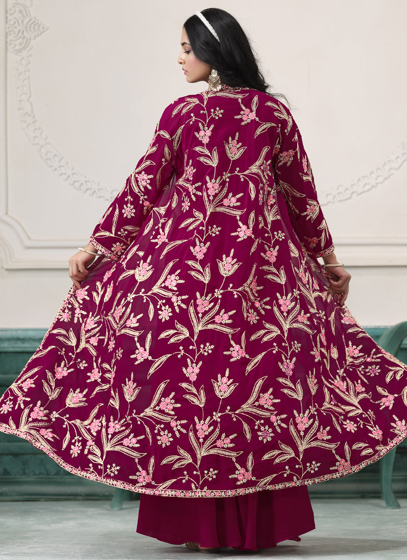 Wine Faux Georgette Embroidered Western Sharara Suit for Weddings