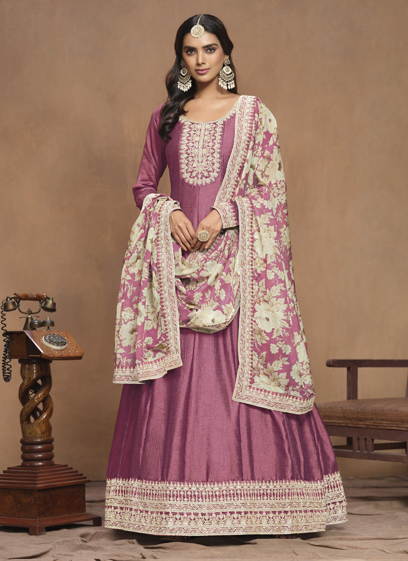 Onion Pink Art Silk Embroidered Anarkali Suit for Weddings