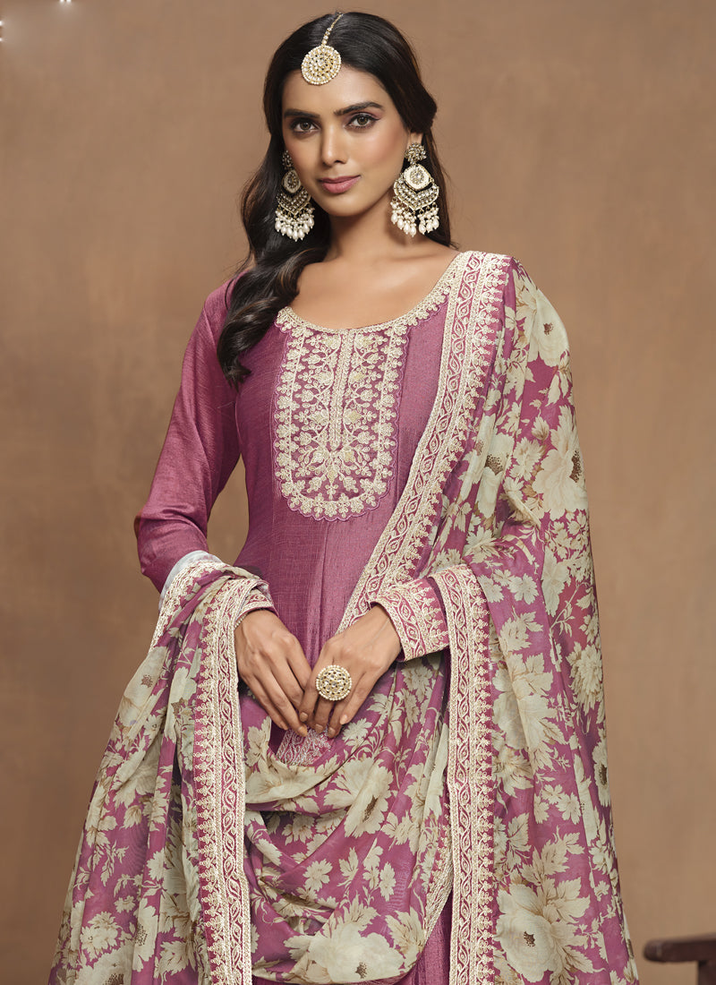 Onion Pink Art Silk Embroidered Anarkali Suit for Weddings