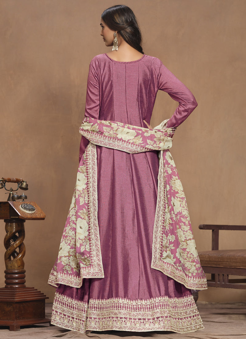 Onion Pink Art Silk Embroidered Anarkali Suit for Weddings