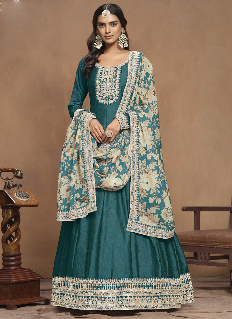 Turquoise Art Silk Anarkali Suit with Gota Patti Embroidery