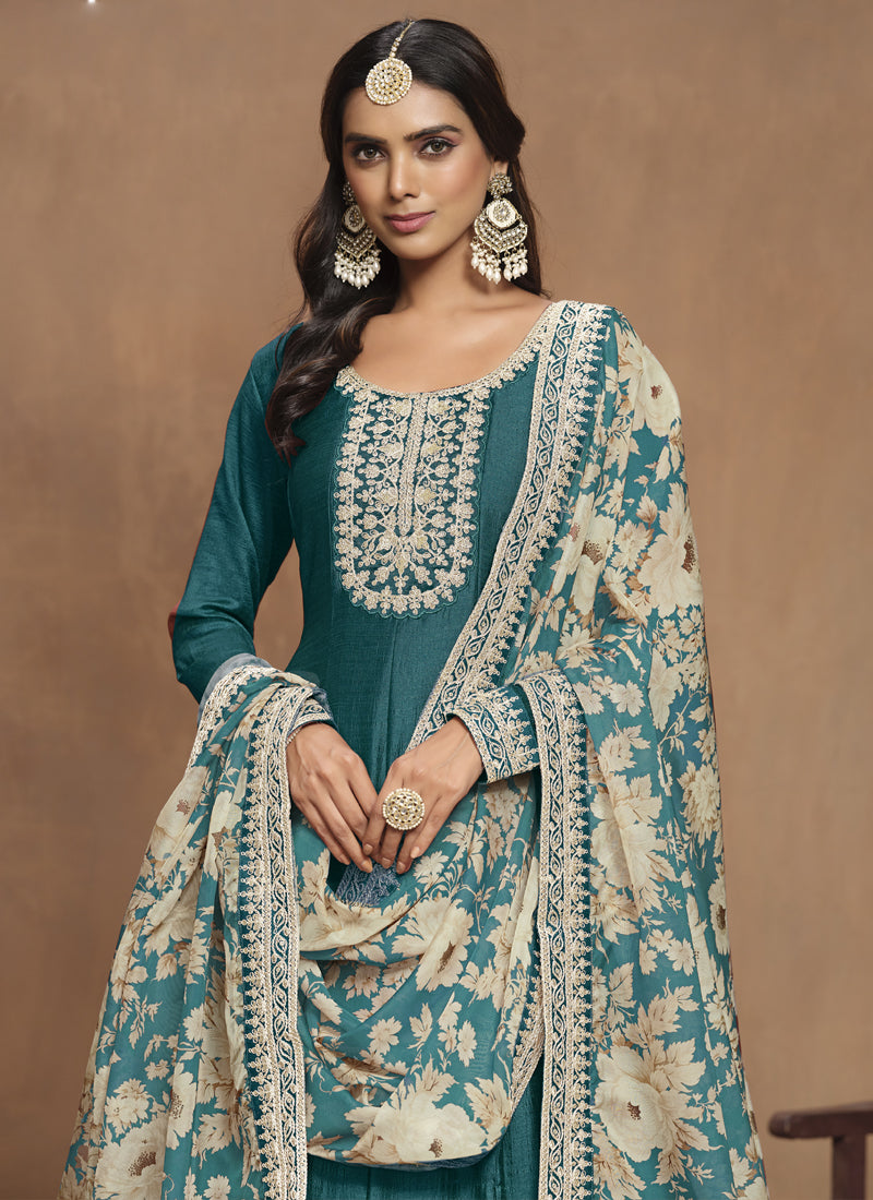 Turquoise Art Silk Anarkali Suit with Gota Patti Embroidery