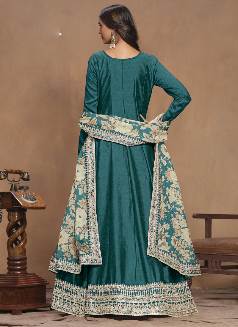 Turquoise Art Silk Anarkali Suit with Gota Patti Embroidery