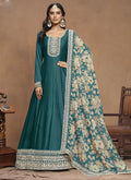 Turquoise Art Silk Anarkali Suit with detailed gold gota patti embroidery for weddings