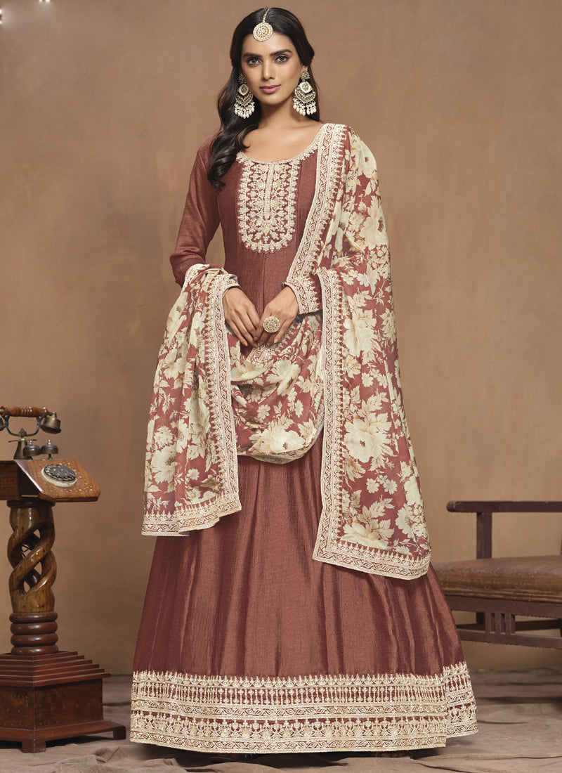 Brown Art Silk Embroidered Anarkali Suit for Formal Events