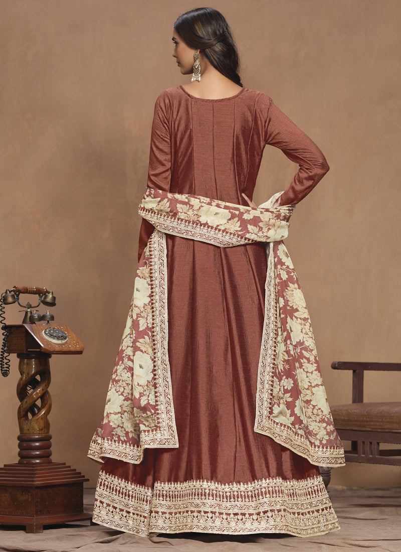 Brown Art Silk Embroidered Anarkali Suit for Formal Events