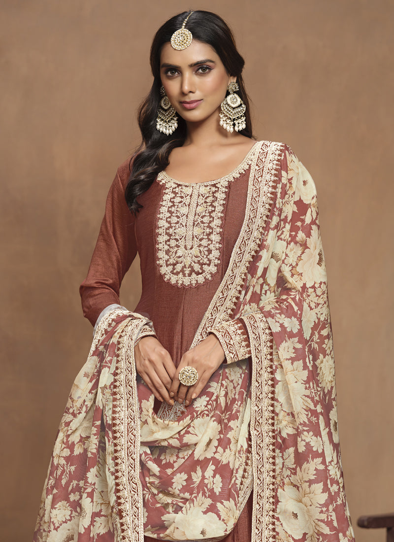 Brown Art Silk Embroidered Anarkali Suit for Formal Events