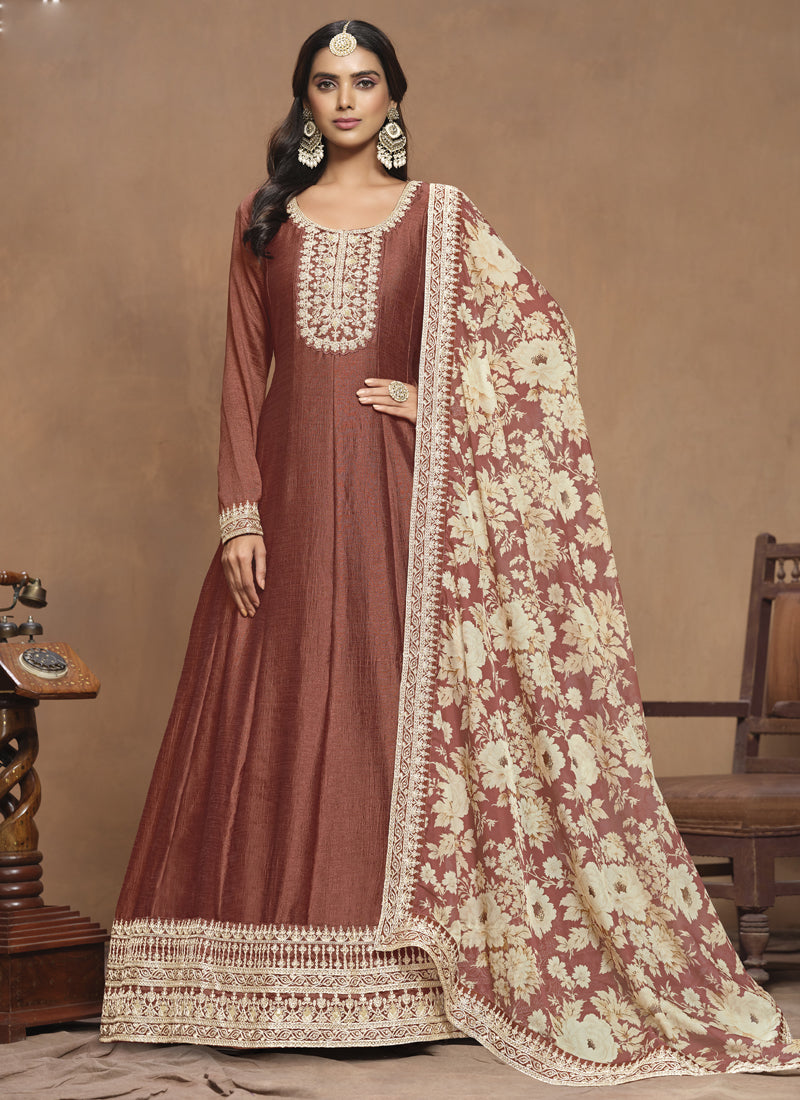 Brown art silk Anarkali suit with intricate embroidery and gota patti