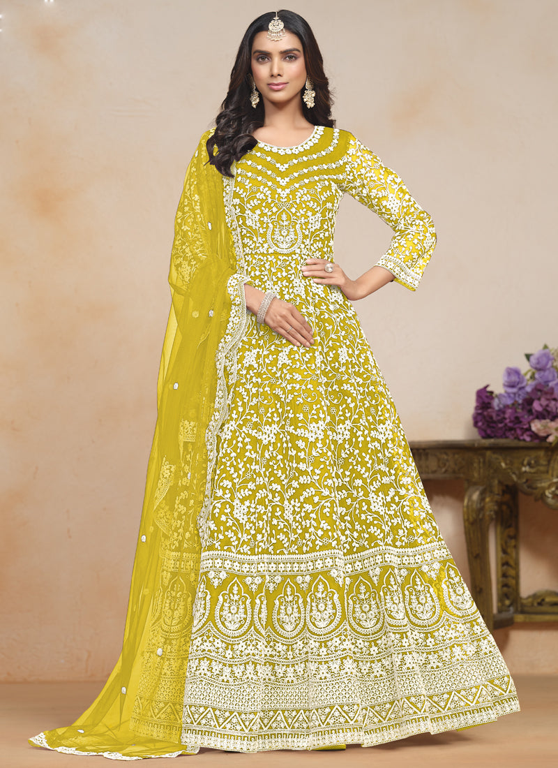 Yellow Net Designer Anarkali Suit with embroidery and gota patti work