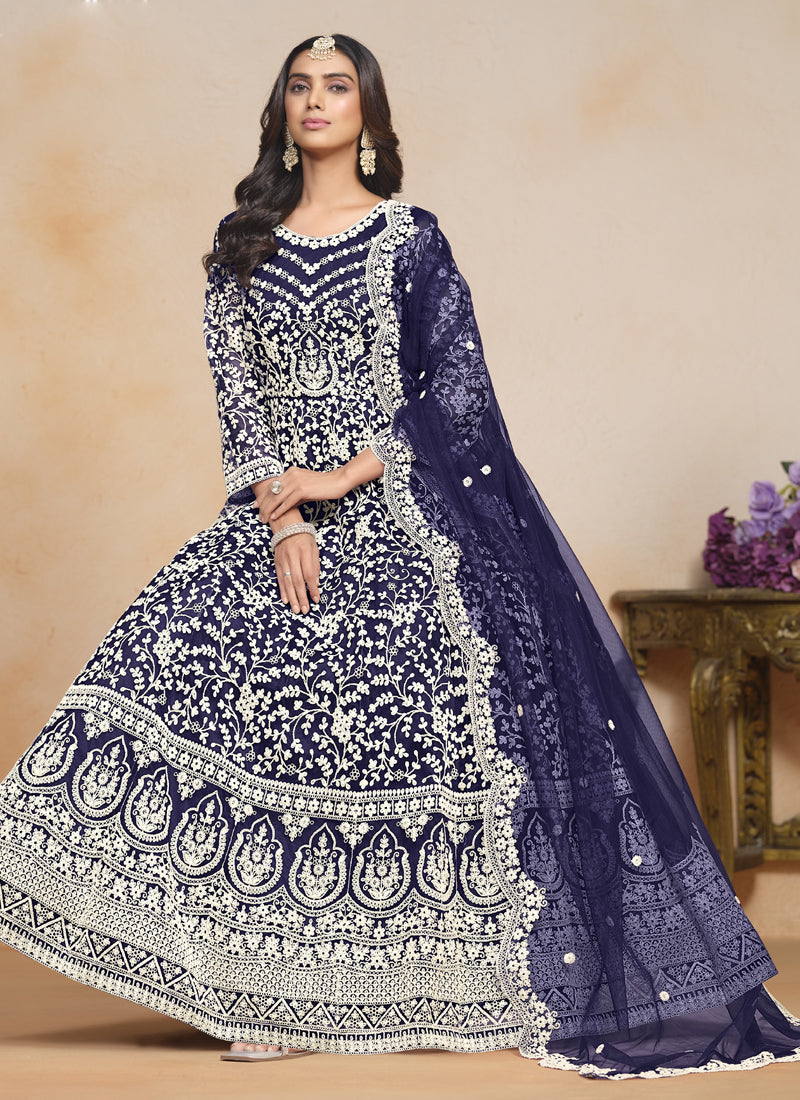 Blue Net Embroidered Designer Anarkali Suit for Special Occasions