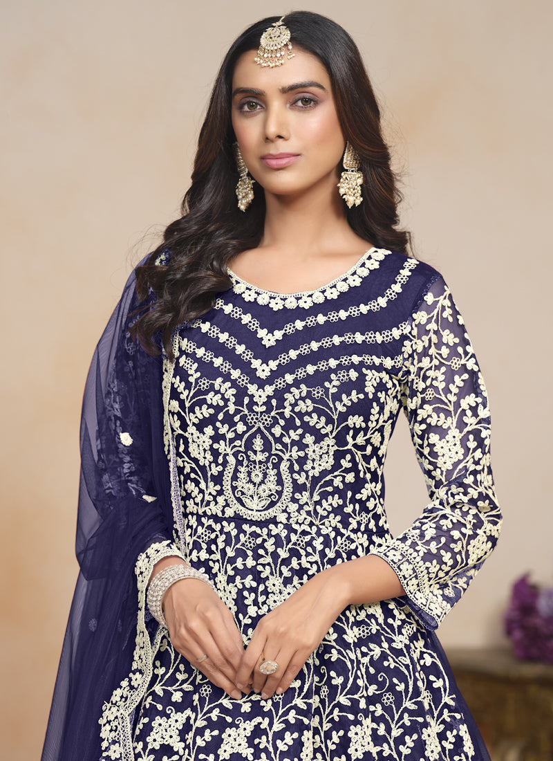 Blue Net Embroidered Designer Anarkali Suit for Special Occasions