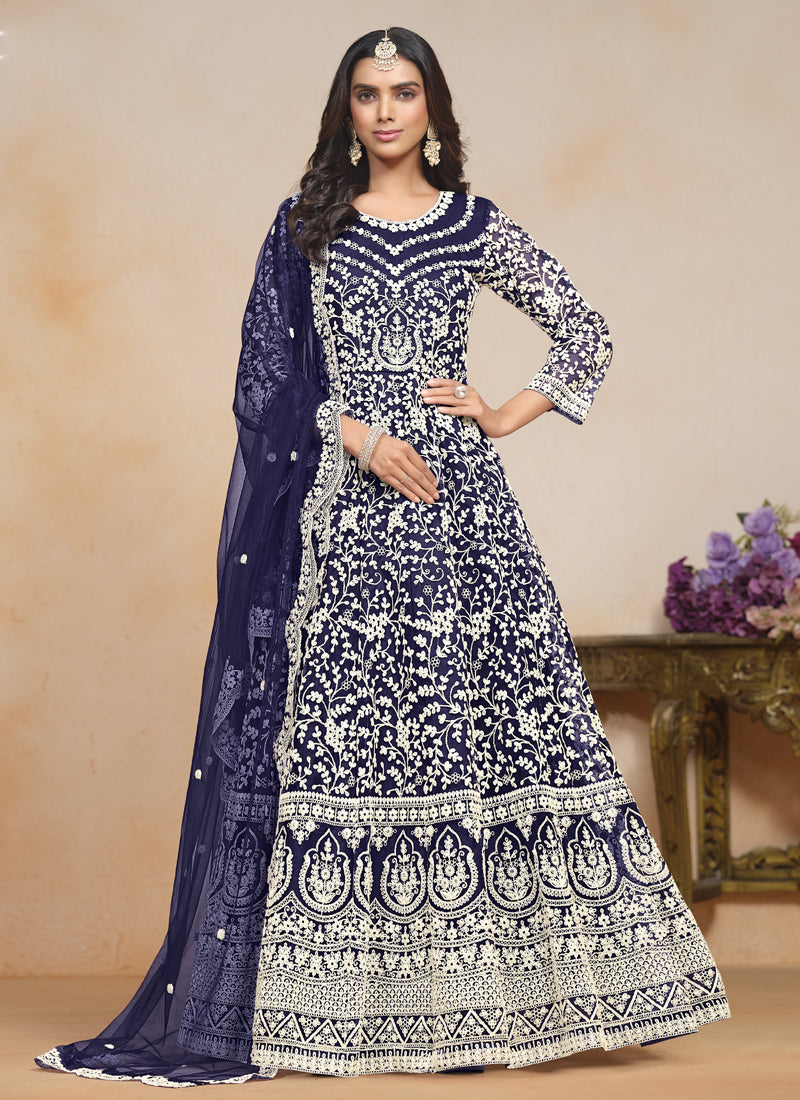 Blue Net Embroidered Designer Anarkali Suit for Special Occasions