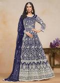 Blue net designer Anarkali suit with heavy embroidery and gota patti work