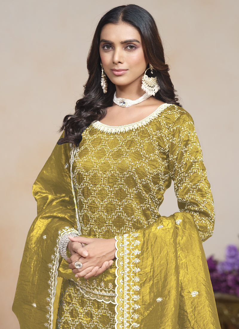 Vegaa Fashion Yellow Silk Embroidered Designer Palazzo Suit