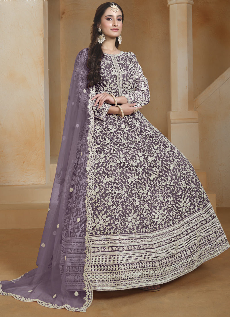 Light Purple Net Embroidered Anarkali Suit for Wedding Festive
