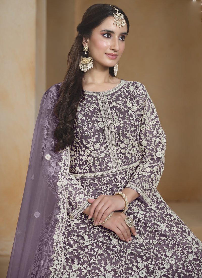 Light Purple Net Embroidered Anarkali Suit for Wedding Festive