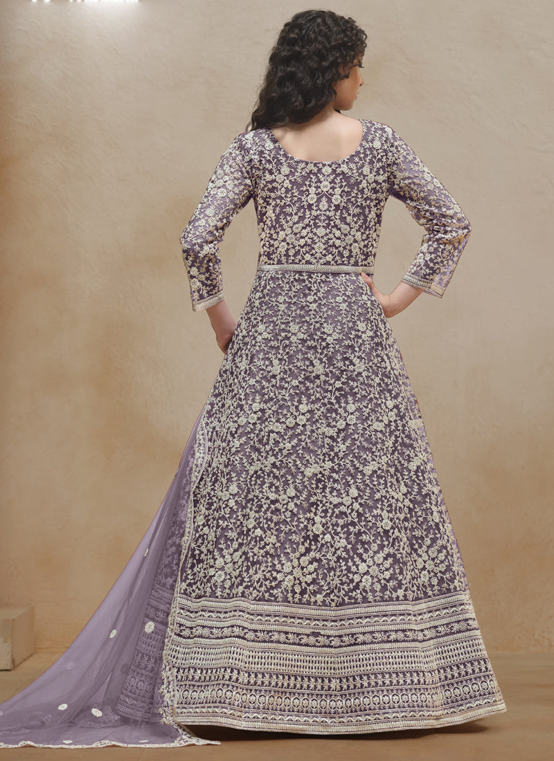 Light Purple Net Embroidered Anarkali Suit for Wedding Festive