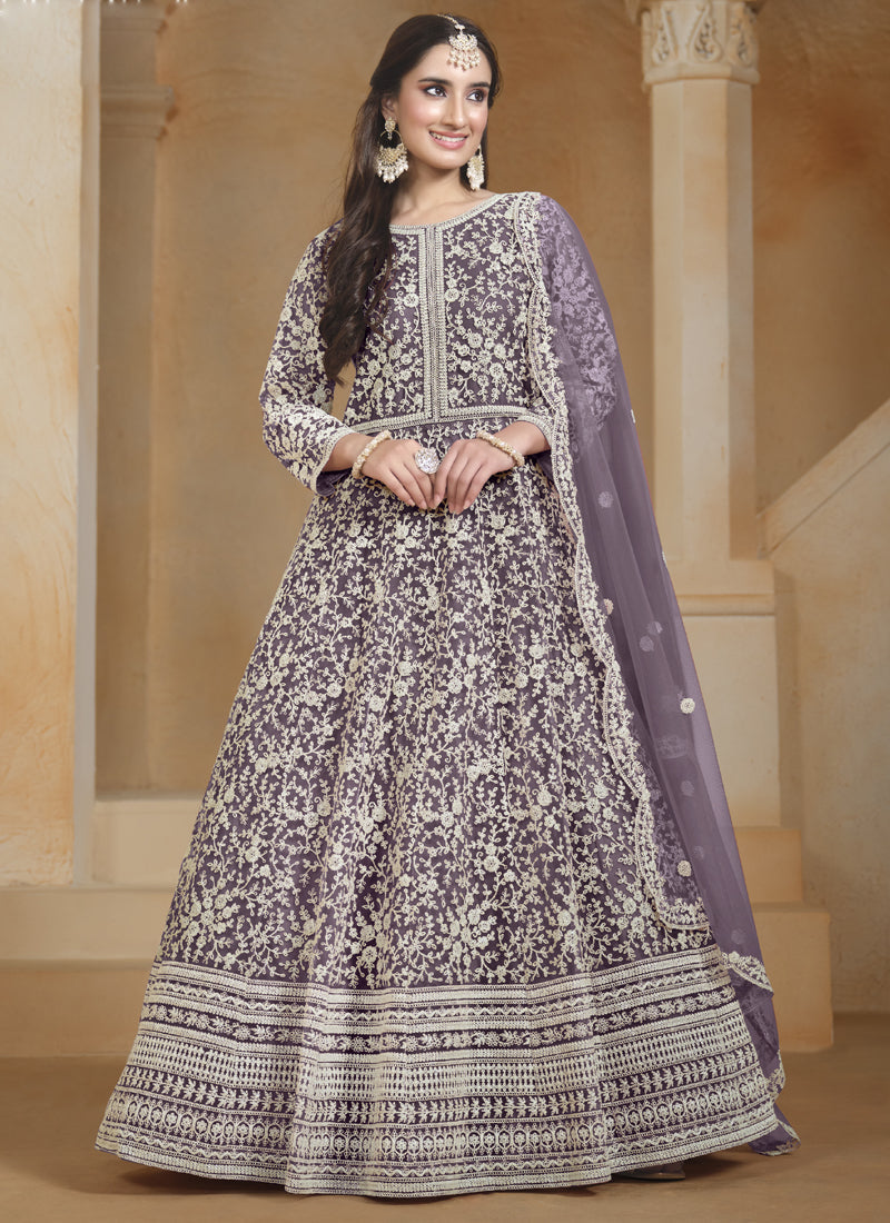 Light purple net Anarkali suit with intricate gota patti embroidery for festive wear