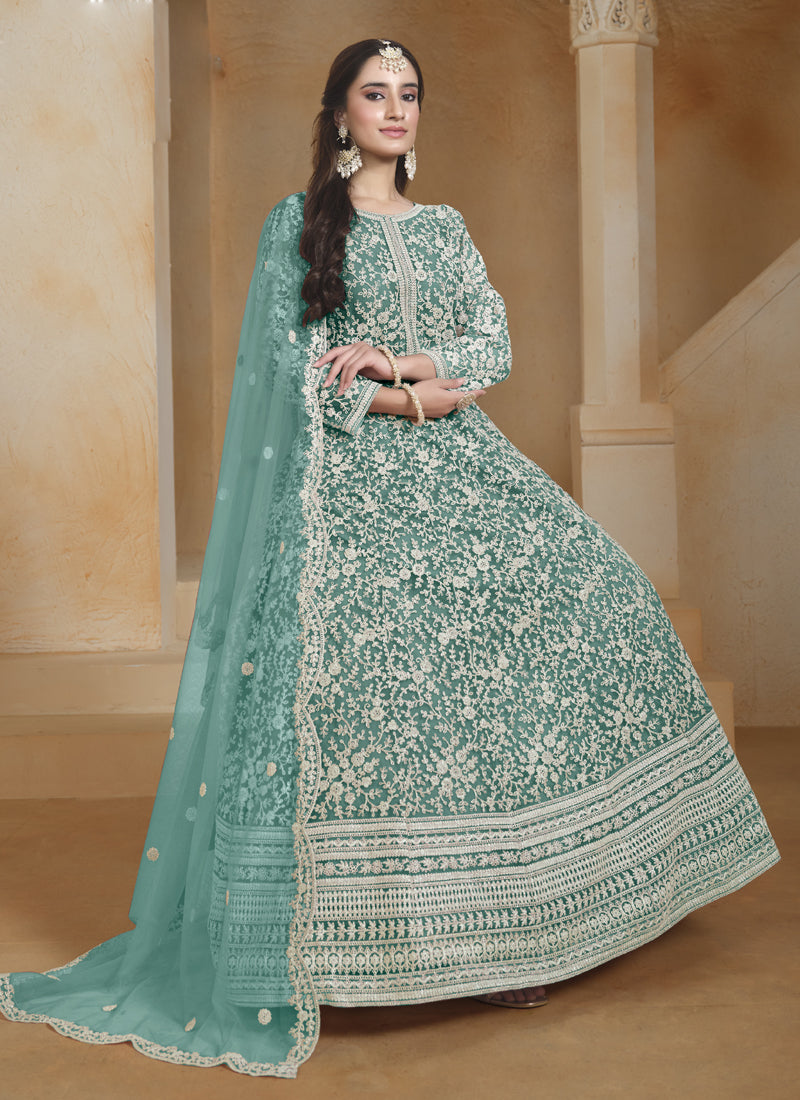 Sea Green Net Embroidered Anarkali Suit for Festive Wear