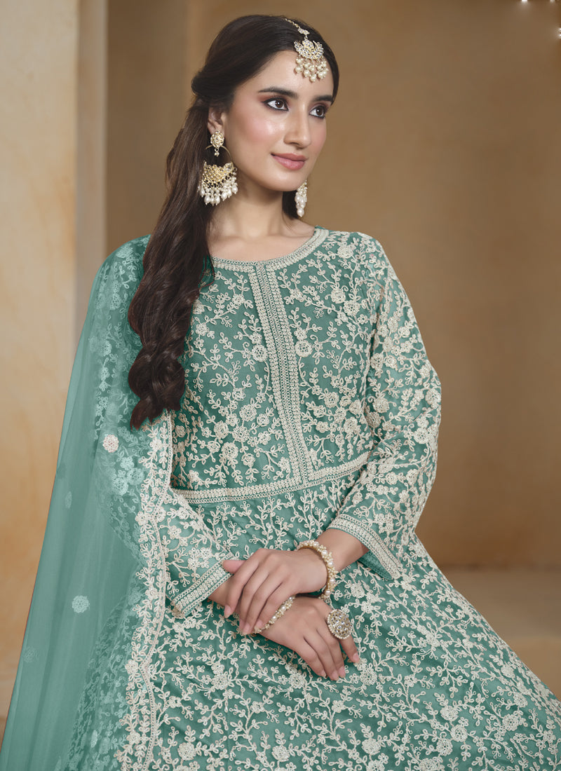 Sea Green Net Embroidered Anarkali Suit for Festive Wear