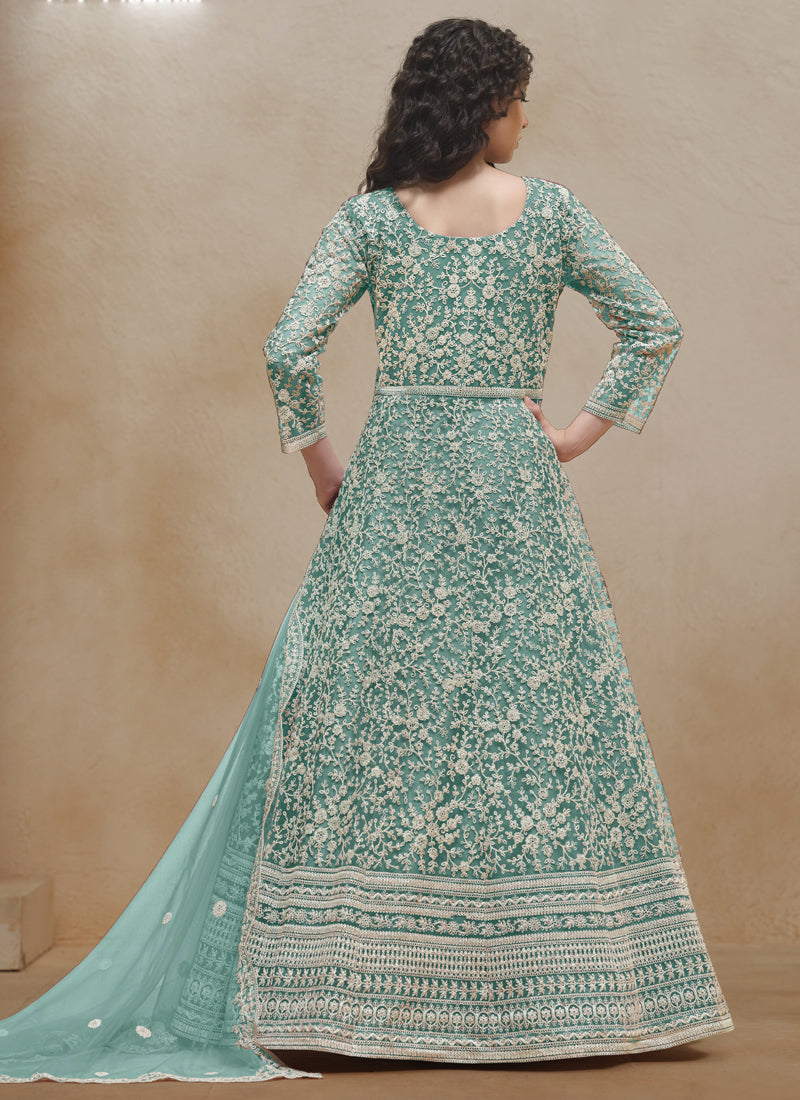 Sea Green Net Embroidered Anarkali Suit for Festive Wear