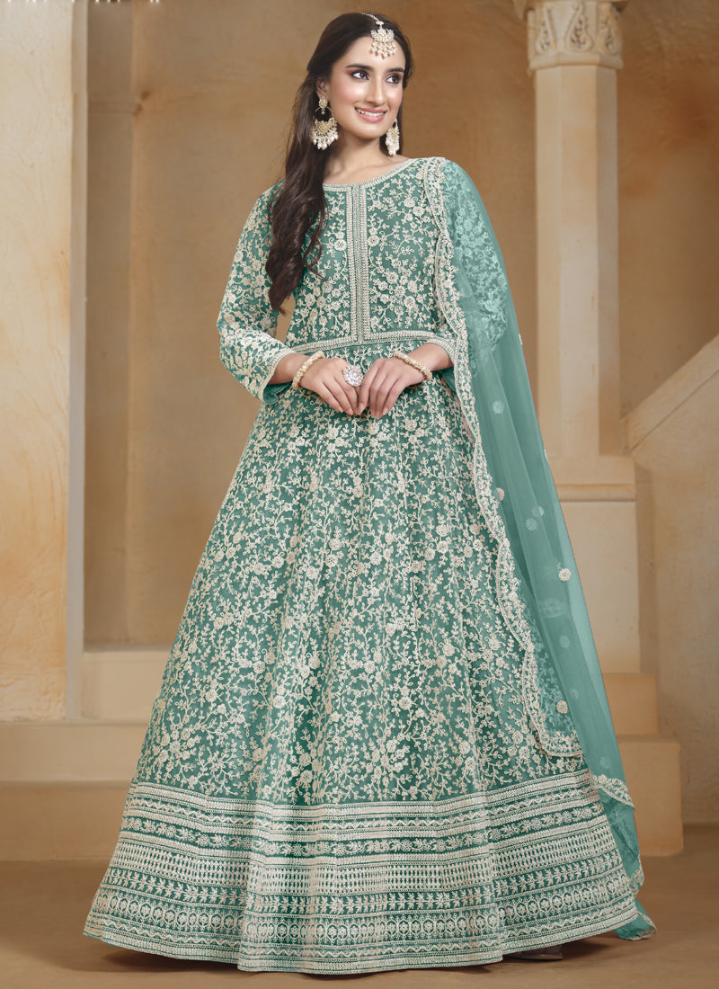 Sea Green Net Anarkali Suit featuring intricate embroidery and gota patti