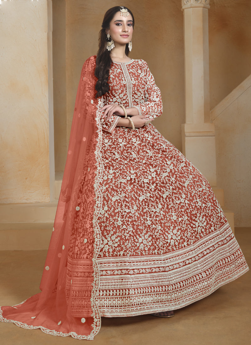 Orange Net Embroidered Anarkali Suit for Wedding Celebration