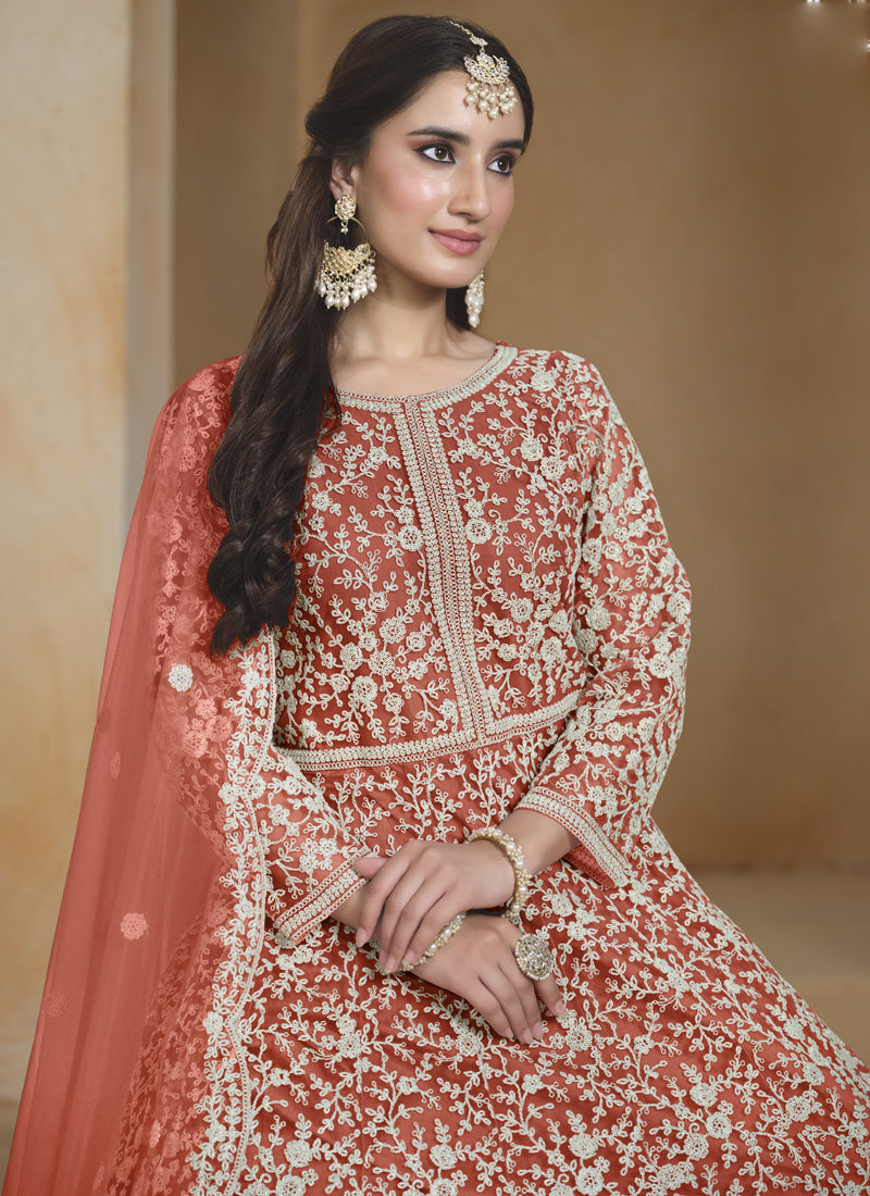 Orange Net Embroidered Anarkali Suit for Wedding Celebration