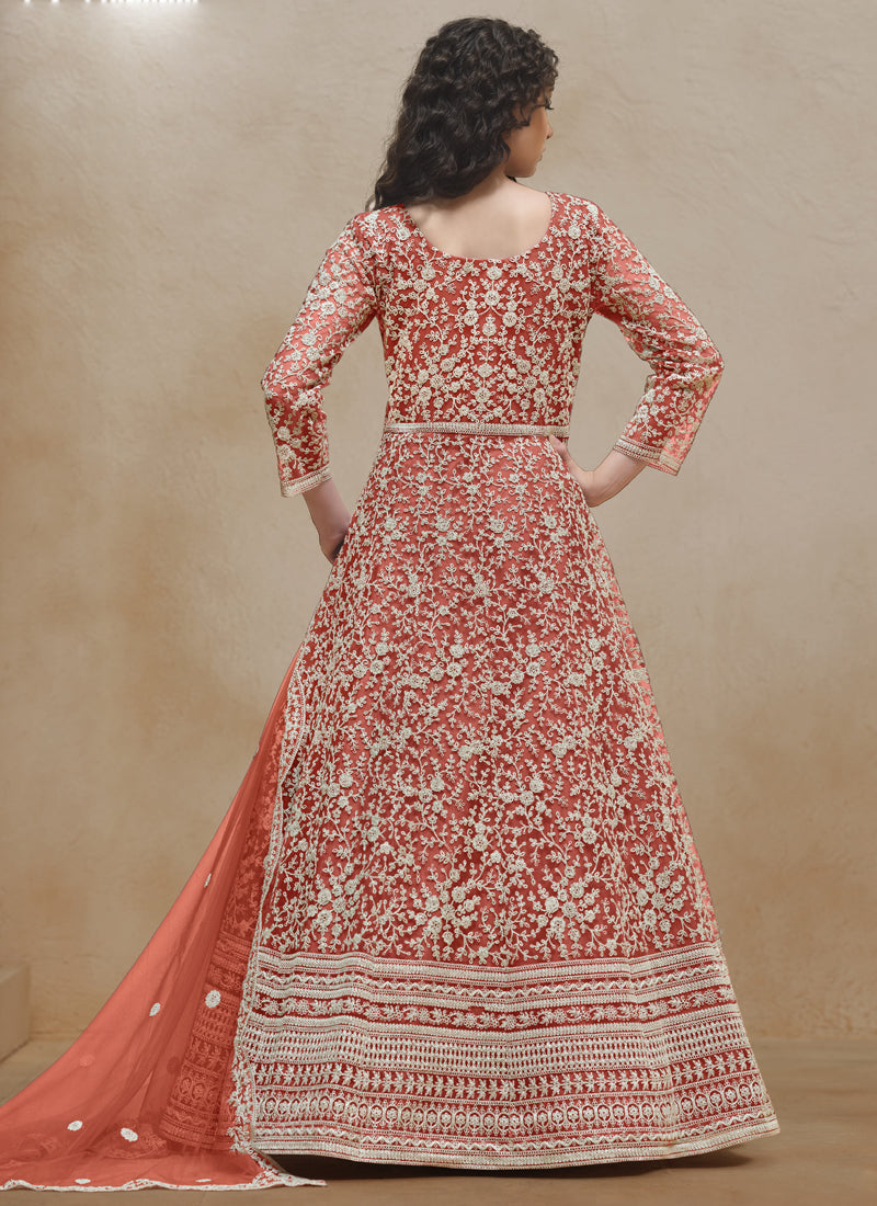 Orange Net Anarkali Suit with Gota Patti Embroidery