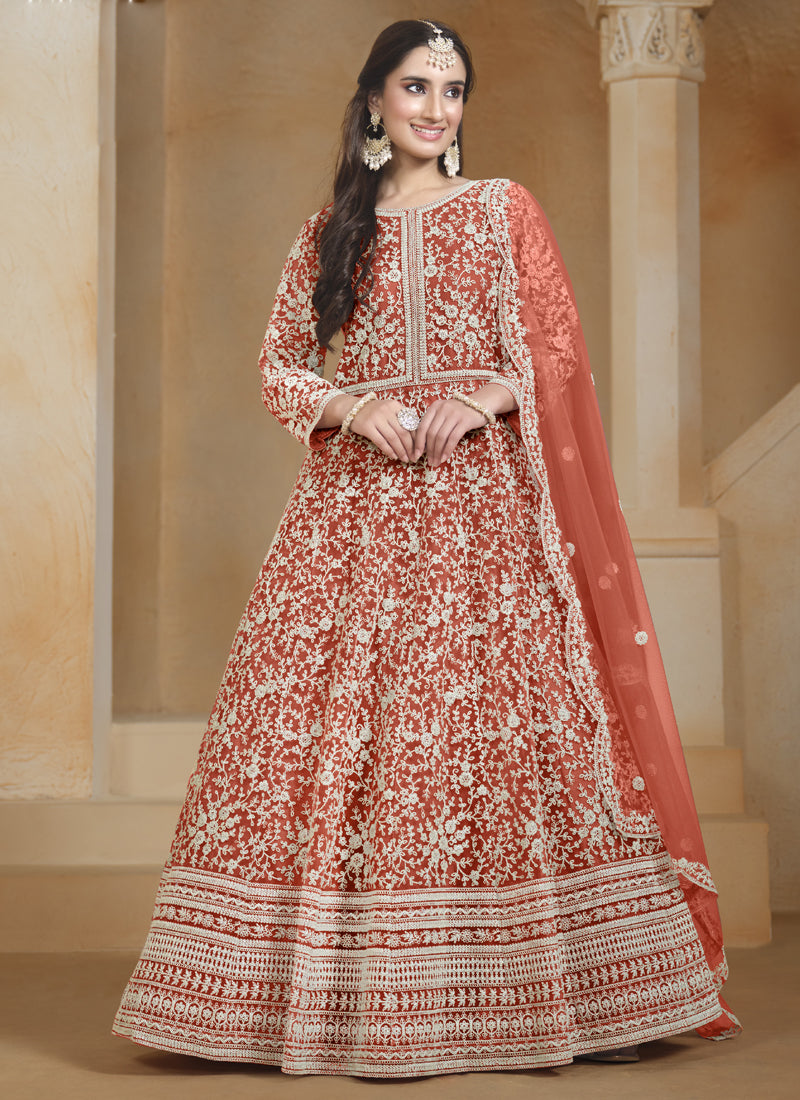 Vibrant Orange Net Anarkali Suit with heavy gota patti and intricate embroidery