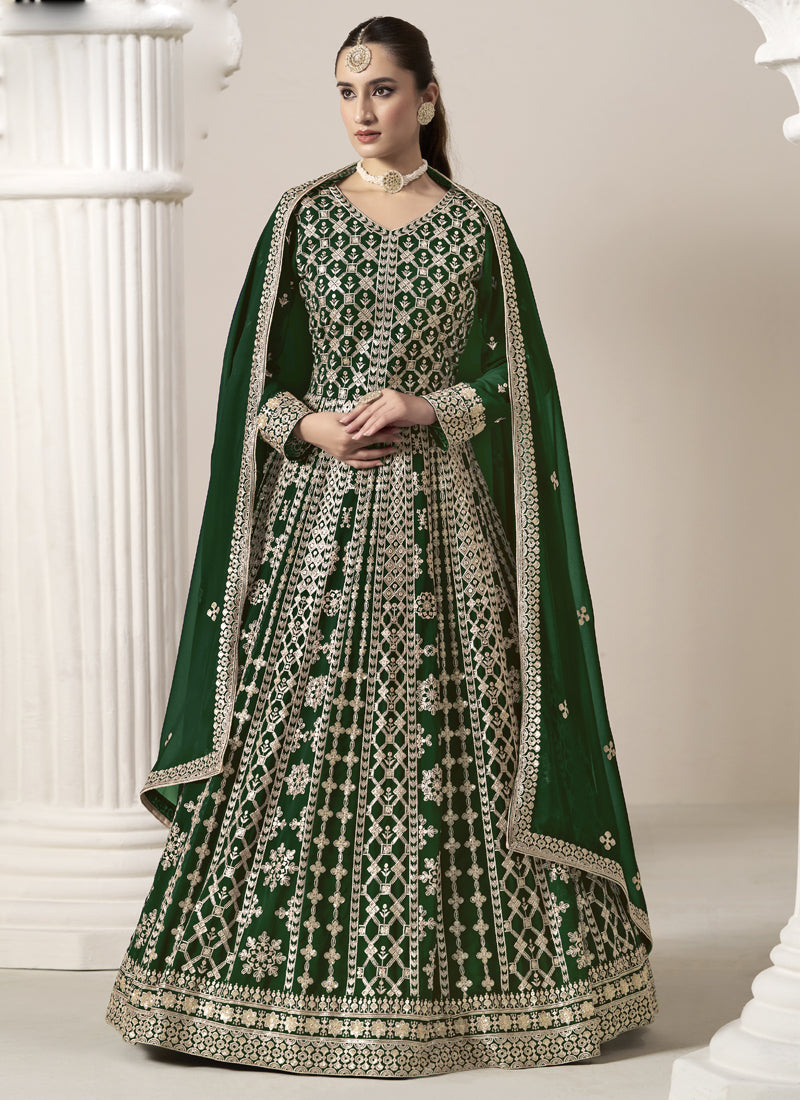 Green faux georgette Anarkali suit with intricate embroidery and gota patti work