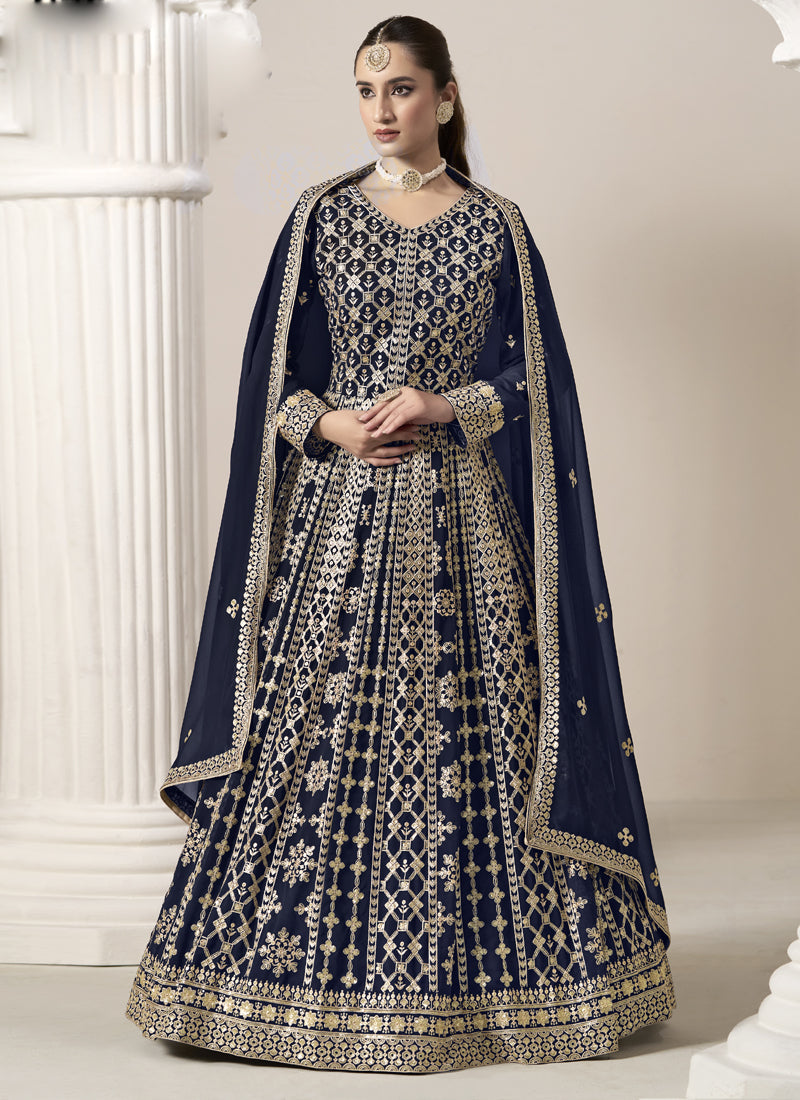 Navy Blue Faux Georgette Anarkali Suit with embroidery and gota patti details