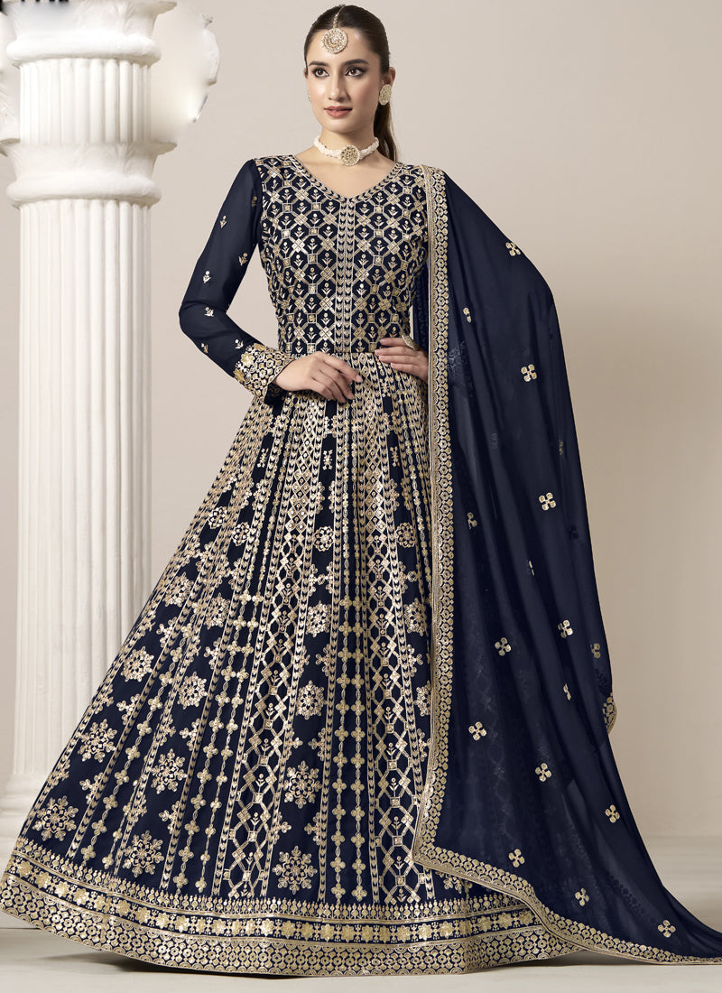 Navy Blue Faux Georgette Embroidered Anarkali Suit for Weddings