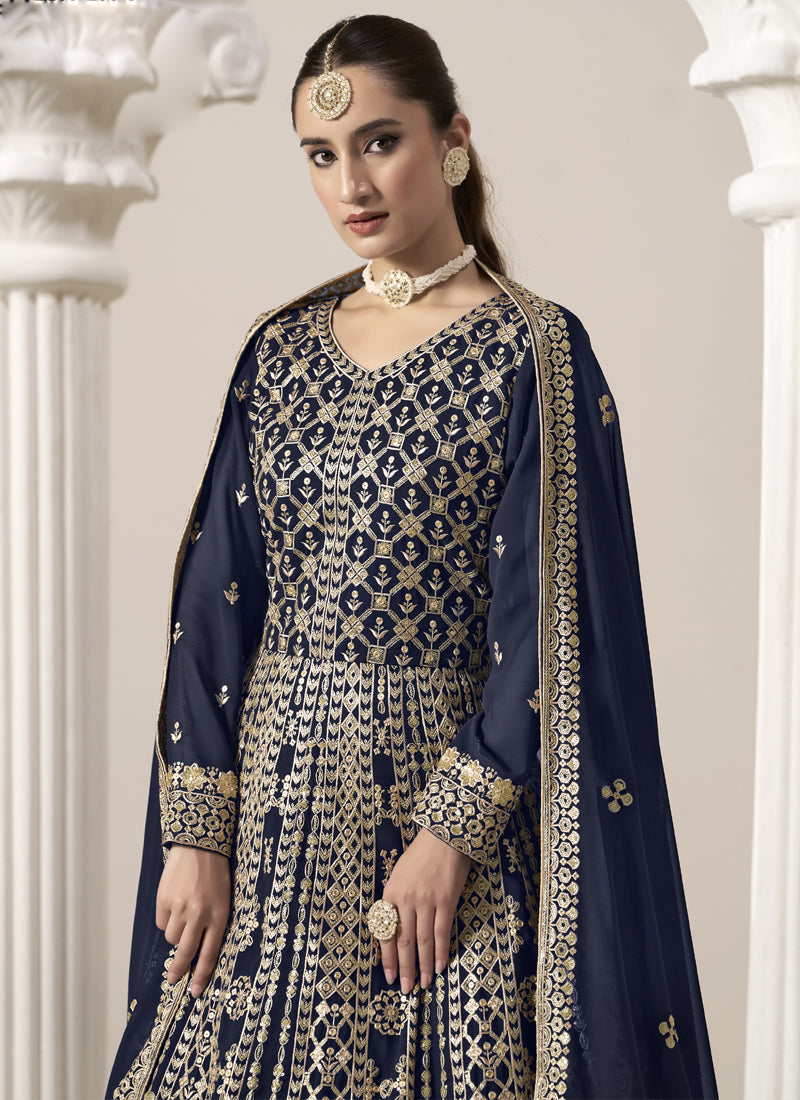 Navy Blue Faux Georgette Embroidered Anarkali Suit for Weddings