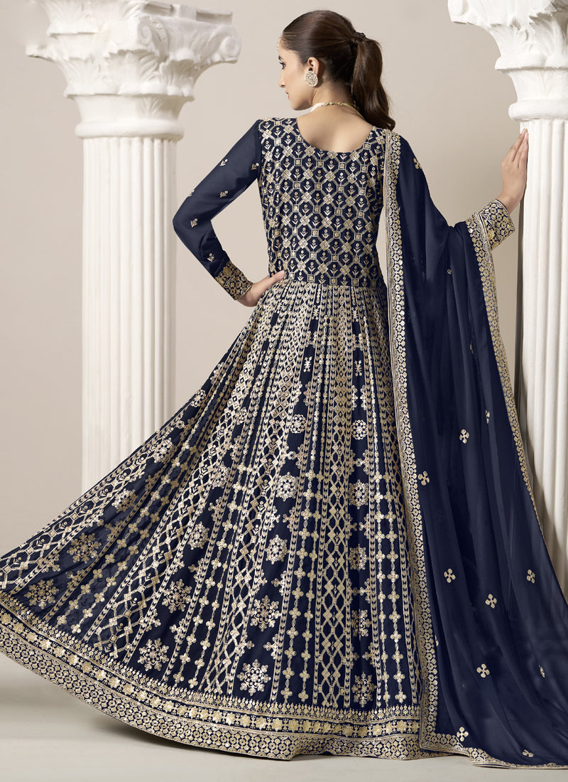 Navy Blue Faux Georgette Embroidered Anarkali Suit for Weddings