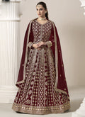 Maroon Faux Georgette Anarkali suit featuring ornate embroidery and gota patti