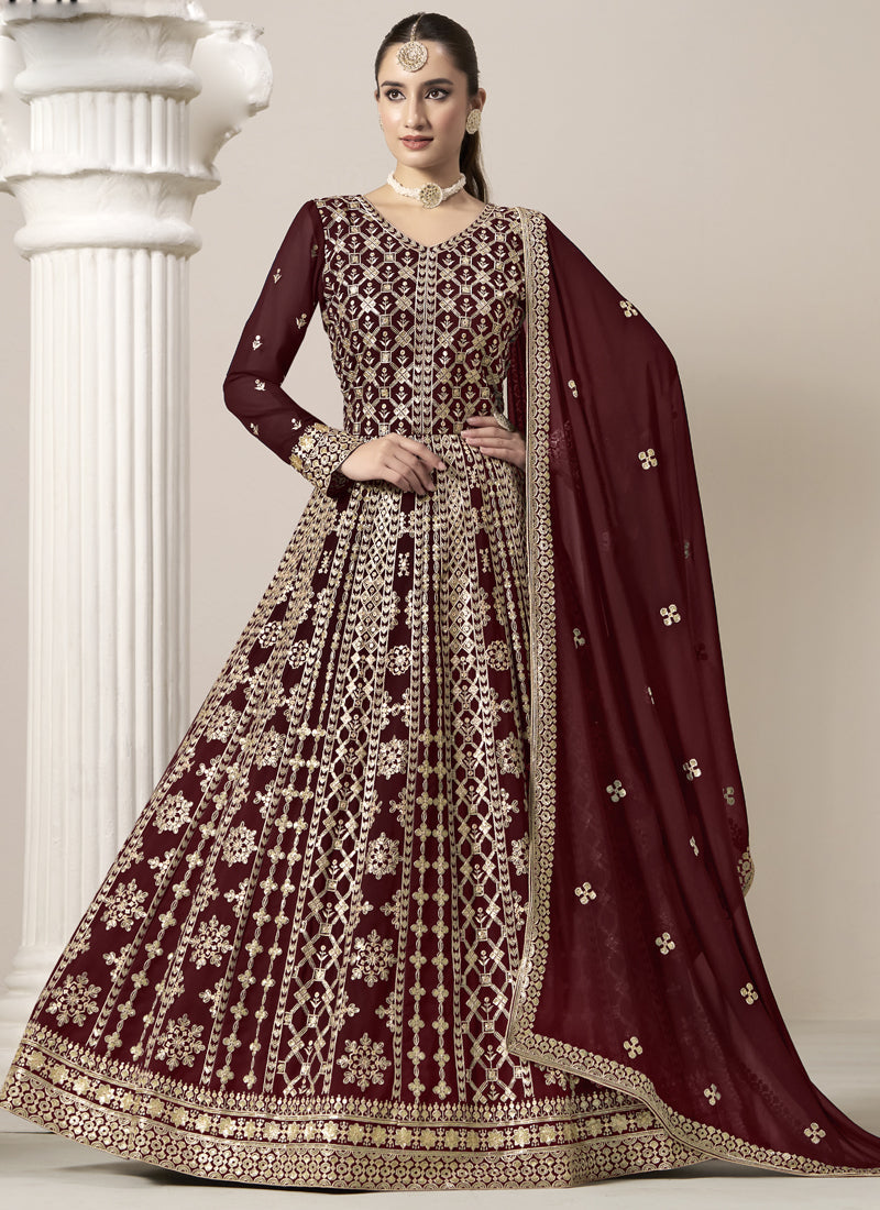 Maroon Faux Georgette Embroidered Anarkali Suit for Weddings