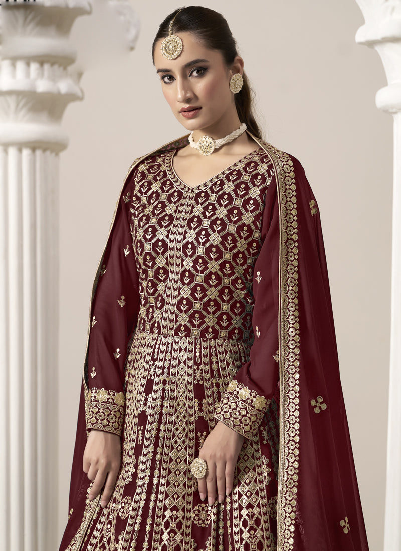 Maroon Faux Georgette Embroidered Anarkali Suit for Weddings