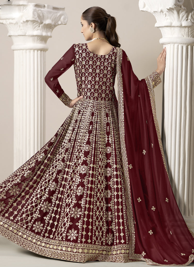 Maroon Faux Georgette Embroidered Anarkali Suit for Weddings