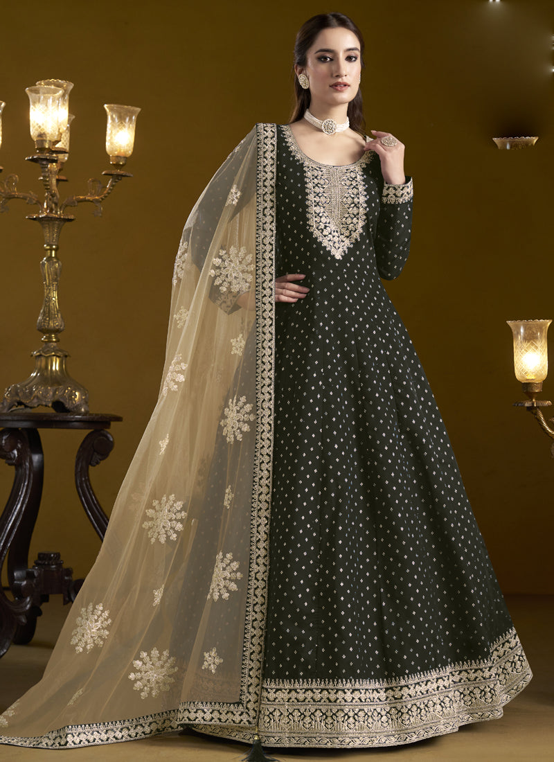 Black Chanderi Anarkali Suit featuring traditional butti embroidery and gota patti