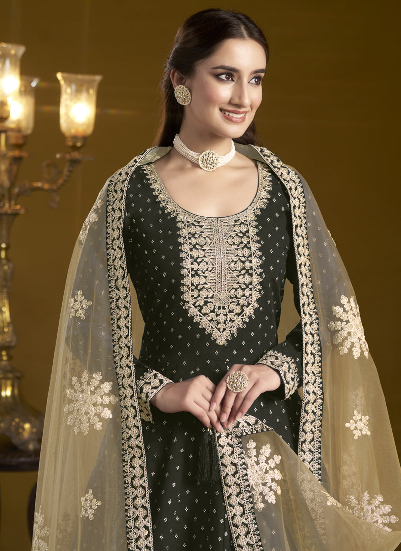 Black Chanderi Butti Embroidered Anarkali Suit Set