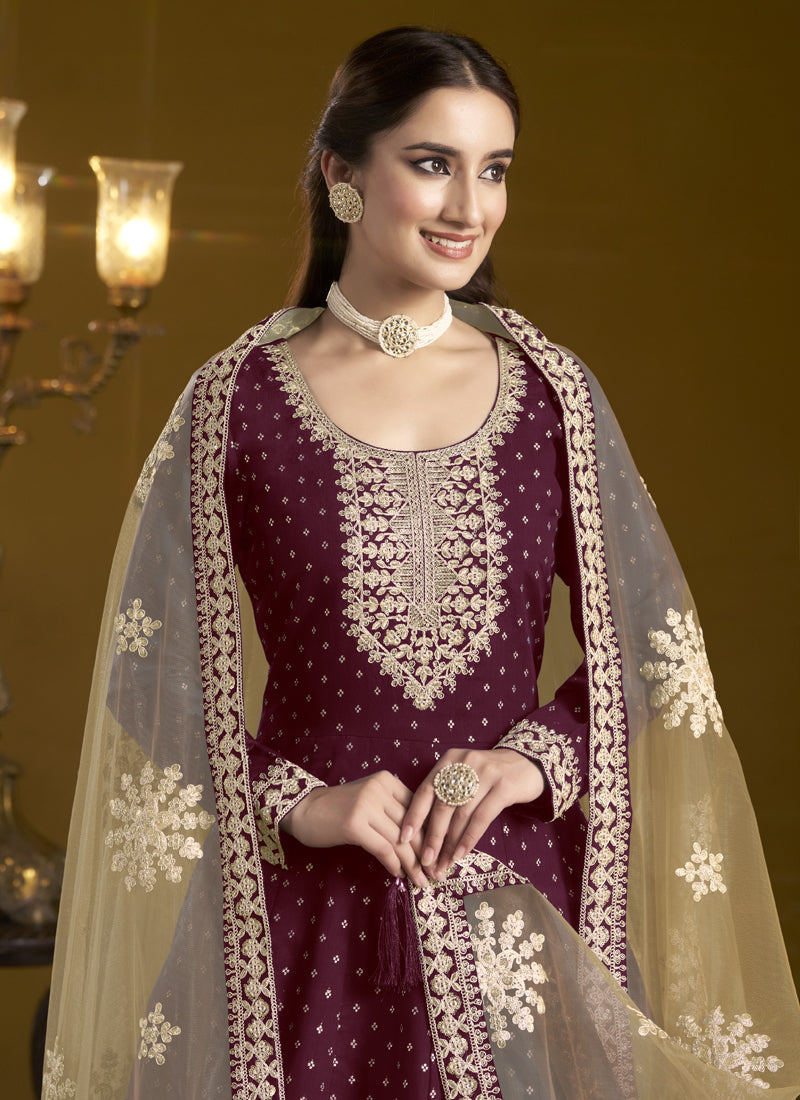 Vegaa Fashion Wine Chanderi Butti Embroidered Anarkali Suit