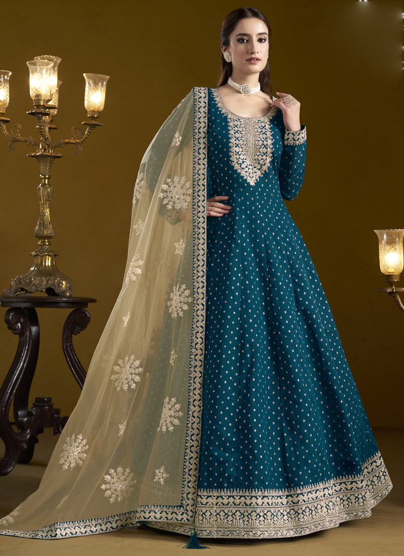 Royal Blue Chanderi Anarkali suit with gold gota patti embroidery for festive occasions